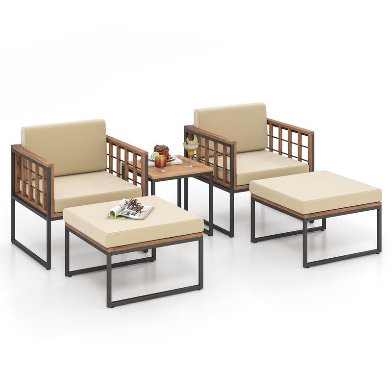 5 Piece Acacia Wood Outdoor Furniture Set, With Ottomans And Coffee Table, Beige - Beige