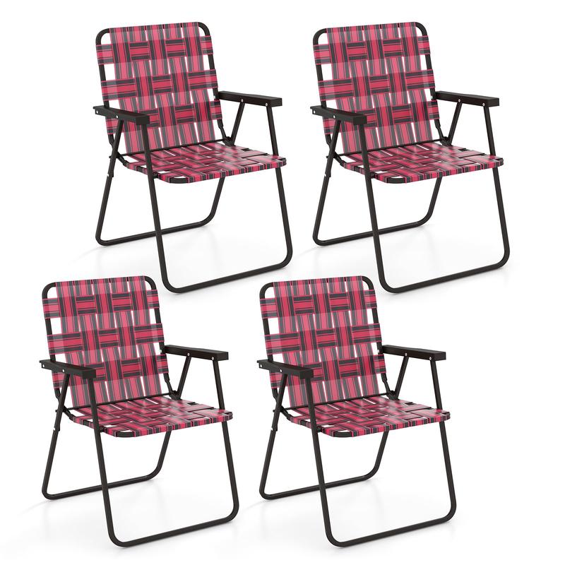 4 Pieces Folding Beach Chair, Camping Lawn Webbing Chair, Red - Red