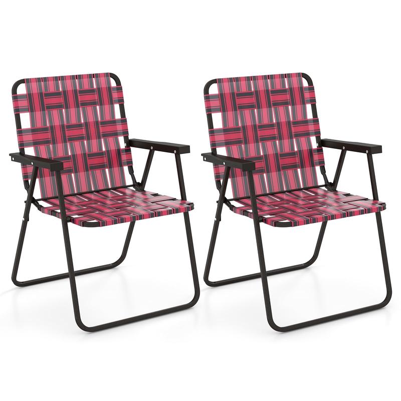 2 Pieces Folding Beach Chair, Camping Lawn Webbing Chair, Red - Red