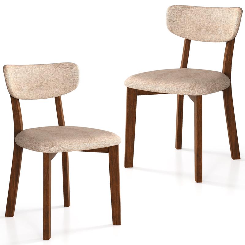 Upholstered Dining Chairs, Set of 2, Mid-Back, Solid Rubber Wood Frame, Beige - Beige