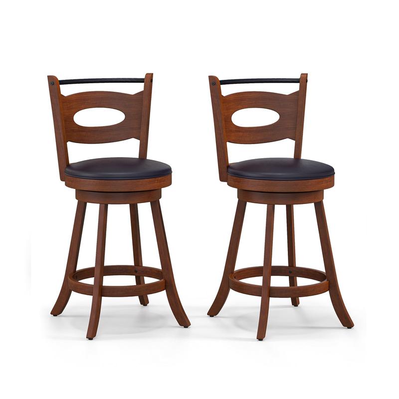 2 Swivel Bar Stools, 24/29 Inch, Curved Backrest, Seat Cushions, Brown - Brown