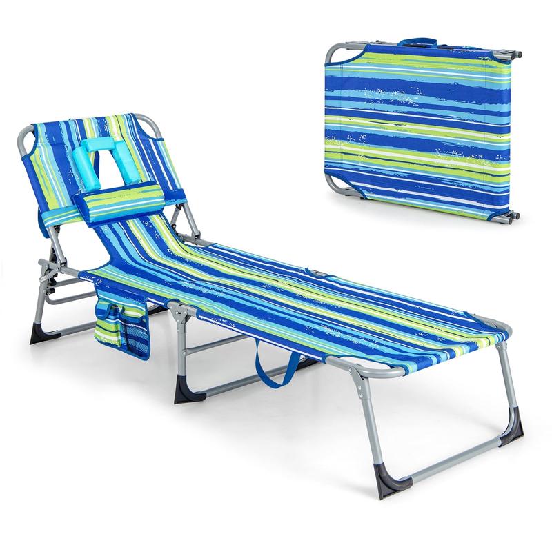 Folding Beach Lounge Chair With Pillow, Green, Blue - Blue & Green