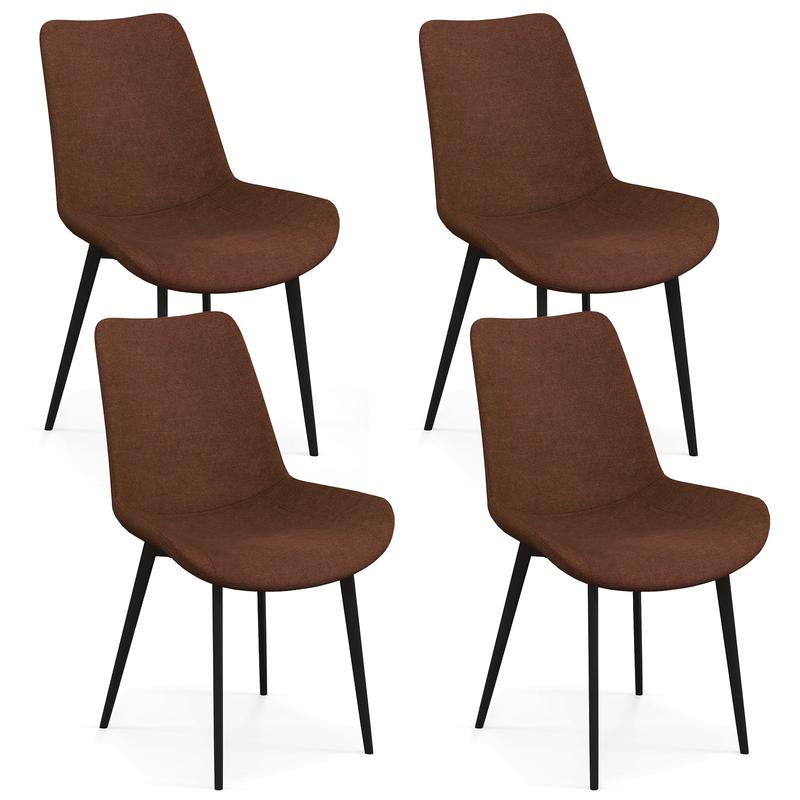 Set of 4 Dining Chairs, Upholstered, Metal Legs, Padded Backs, Brown - Brown
