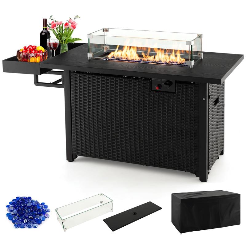 52 Inches Outdoor Wicker Gas Fire Pit Table, Black - Black