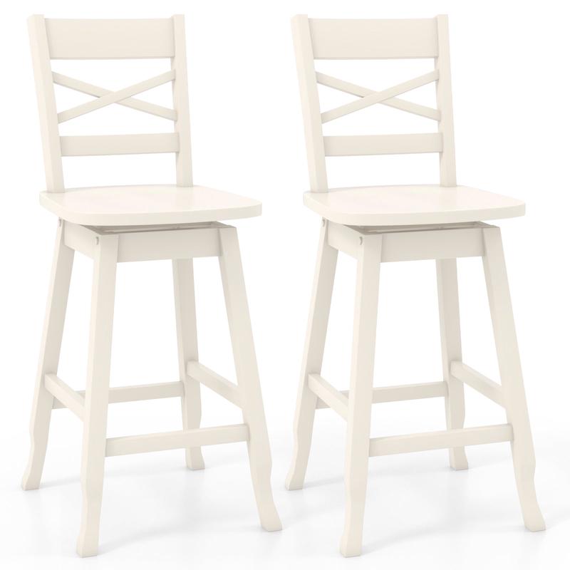 24-Inch Counter Height Swivel Stool Set, Inclined Backrest, Cream White - White