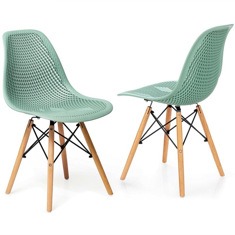 2 Pcs Modern Plastic Hollow Chair Set, Wood Leg, Green - Green