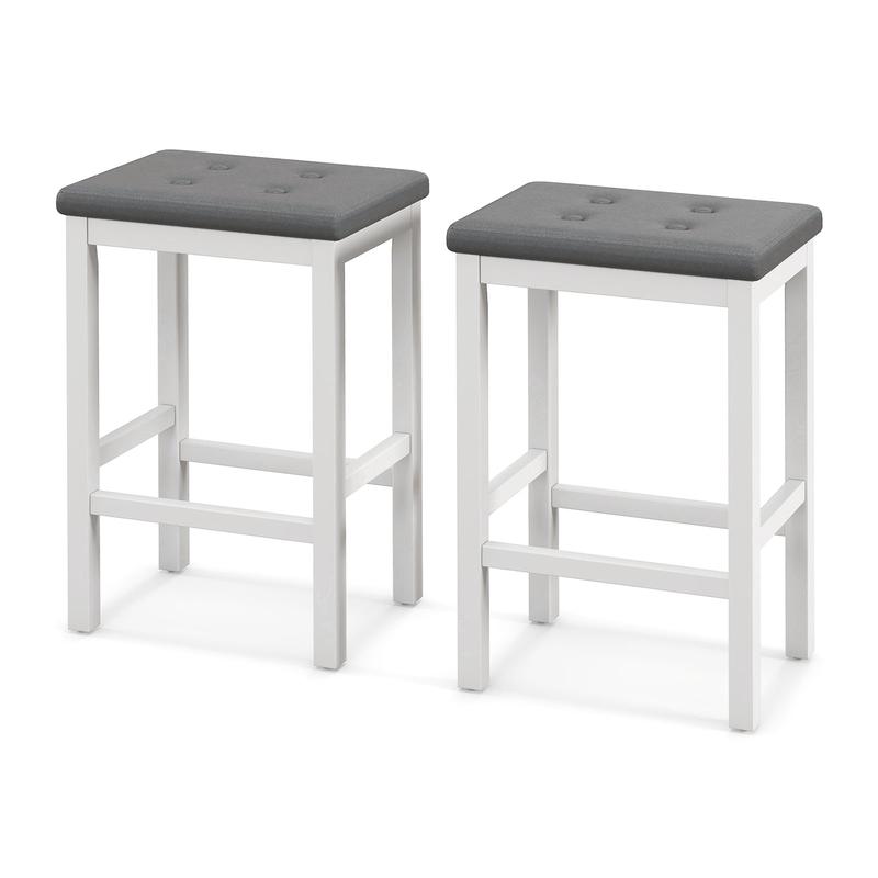 24 Inch Bar Stools, Padded Seat, Footrest, Rubber Wood Frame, White - White