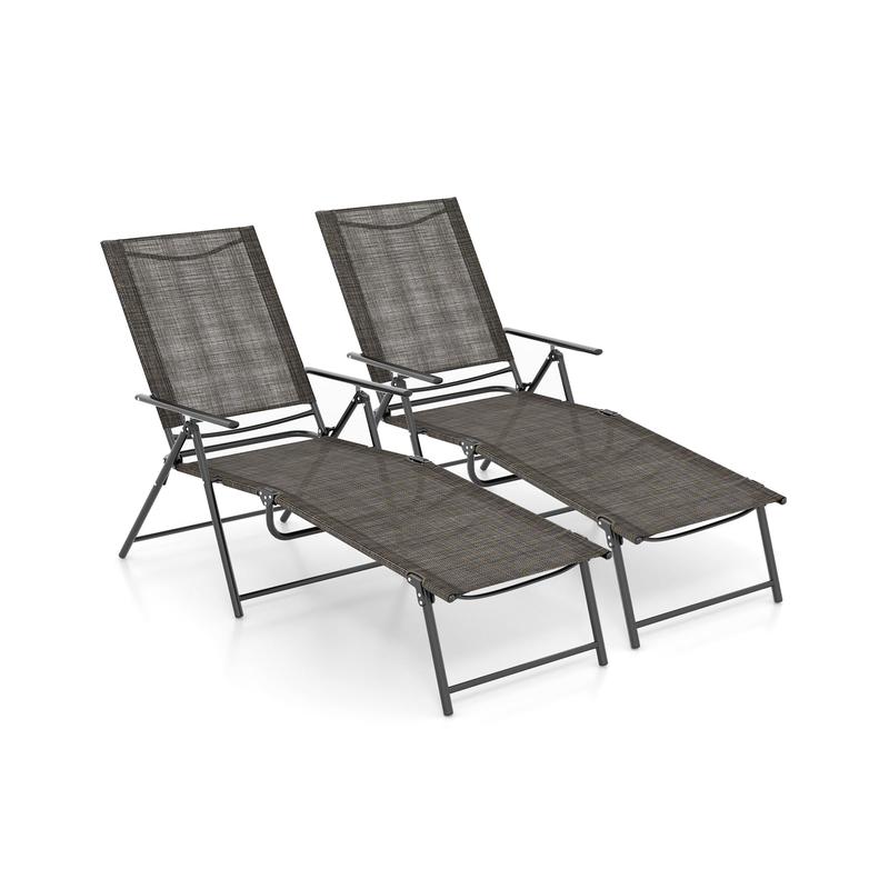 2 Piece Patio Folding Chaise Lounge Chairs, Recliner, 6-Level Backrest, Coffee - Coffee