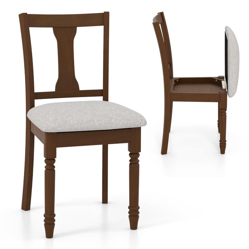 Set of 2 Kitchen Dining Chairs, Linen Fabric, Storage Space, Brown - Brown