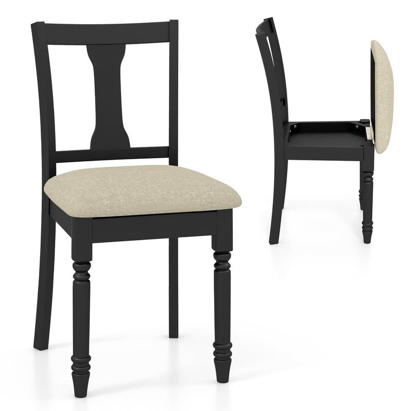 Set of 2 Kitchen Chairs, Linen Fabric, Storage, Black - Black