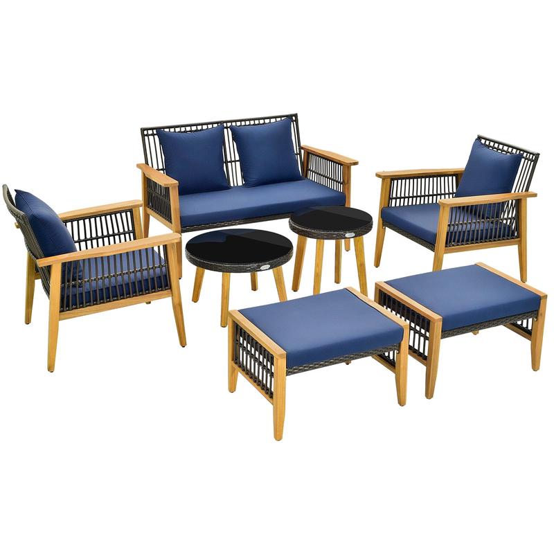 7 Piece Outdoor Conversation Set, Acacia Wood Frame, Cushions, Navy - Navy