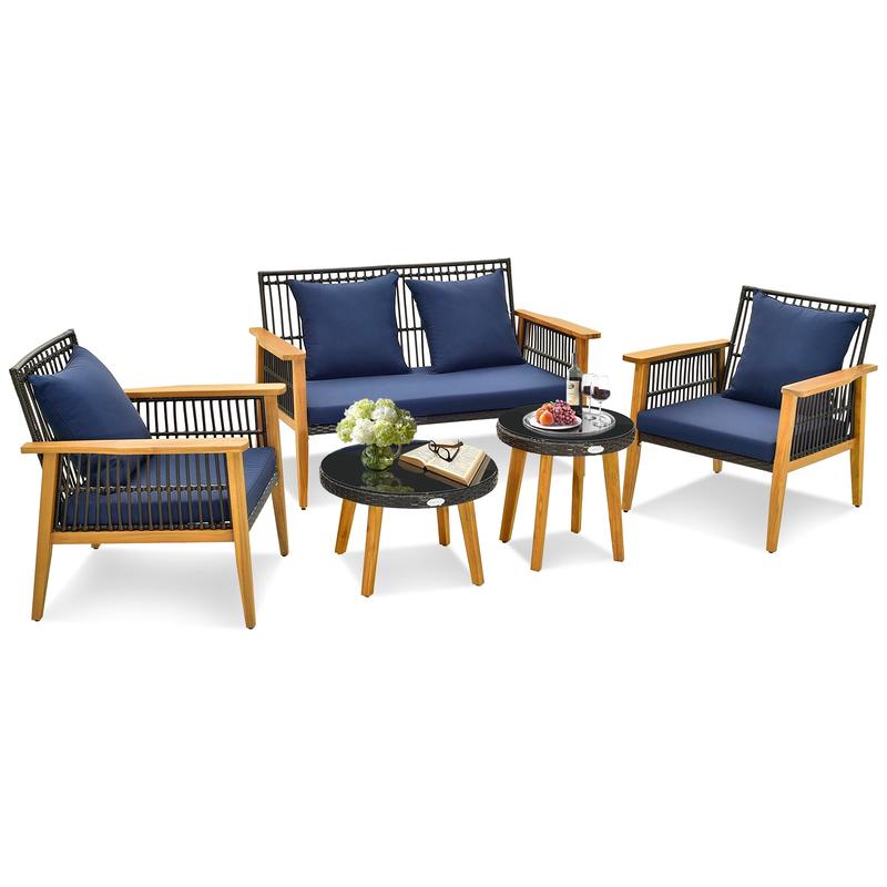 5 Piece Outdoor Conversation Set, 2 Coffee Tables, Navy - Navy