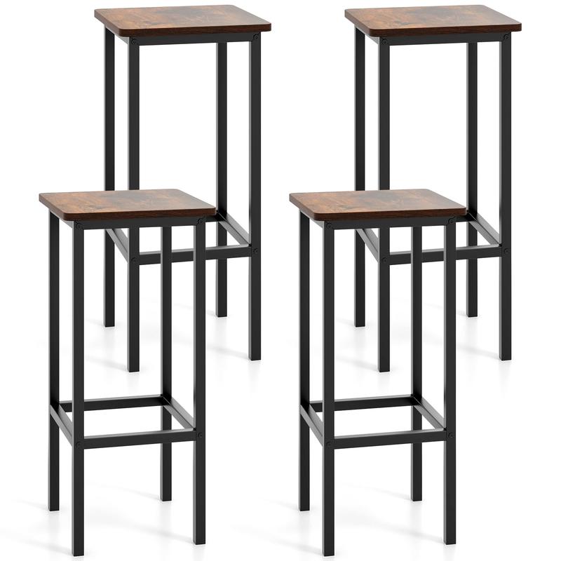 Set of 4 Bar Stools, 26 Inch, Metal Legs with Footrest, Rustic Brown - Rustic Brown