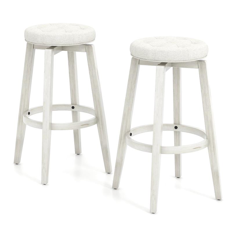 Swivel Upholstered Rubberwood Bar Stool Set, 29 inches, White - White