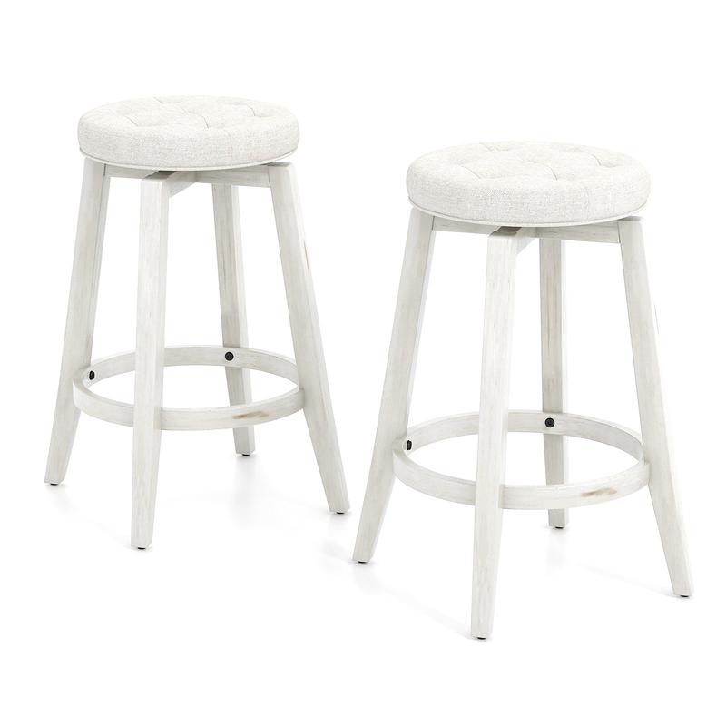 Swivel Upholstered Rubberwood Bar Stool Set, 24 inches, White - White