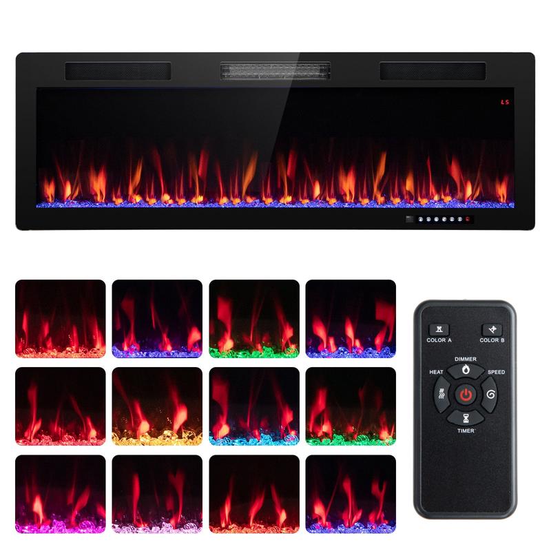 Electric Fireplace, 50 Inches, Recessed Wall Mounted, Black - Black