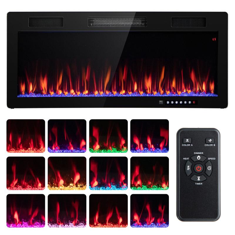 Electric Fireplace, 40 Inches, Recessed Wall Mount, Black - Black