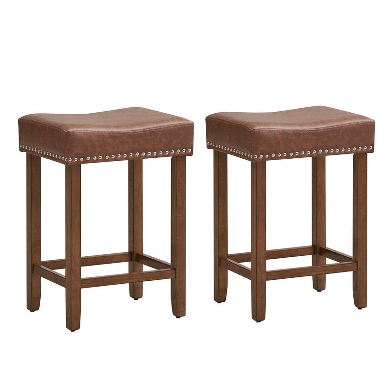24 Inch PU Leather Bar Stools Set Of 2, Brown - Brown