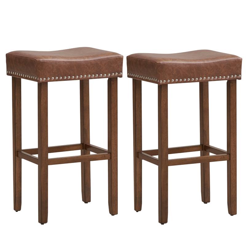 Upholstered Bar Stools Set of 2, With Footrests, Brown - Brown