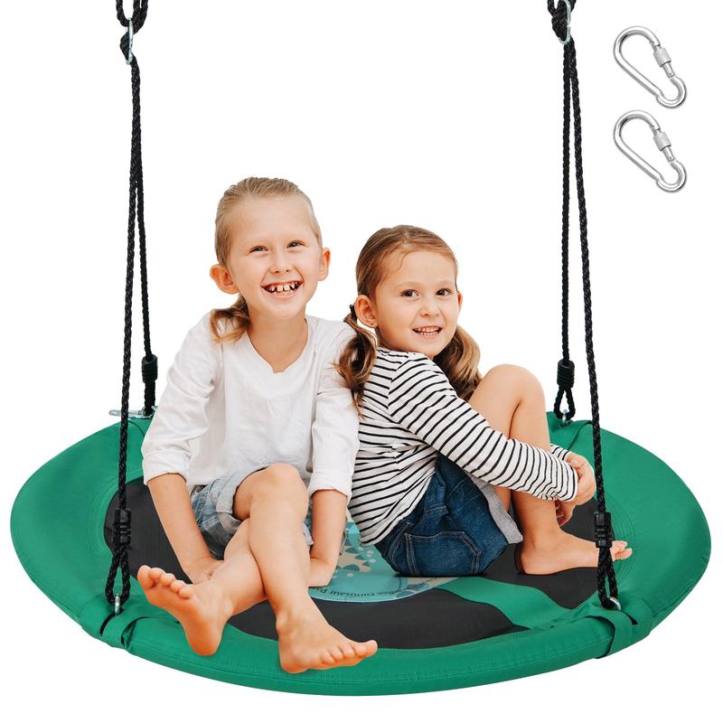 40 Inches Saucer Tree Swing, Round, Adjustable Ropes, Carabiners, Green - Green