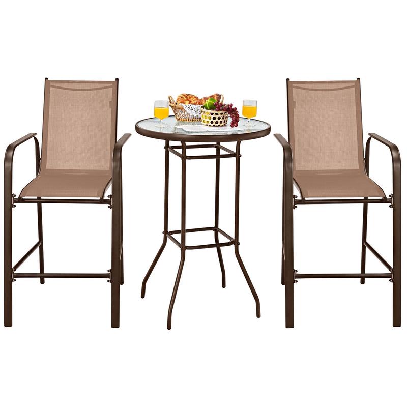 3 Piece Outdoor Patio Bar Table Stool Set, Brown - Brown