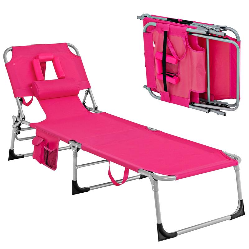 Folding Beach Lounge Chair With Pillow, Pink - Pink