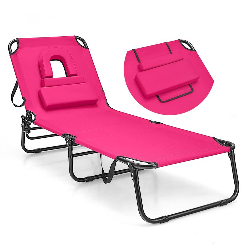 Beach Chaise Lounge Chair With Face Hole, Removable Pillow, Pink - Pink