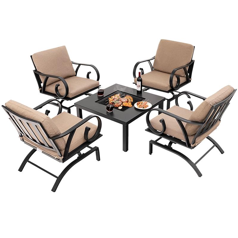 5 Piece Patio Rocking Chairs, 4-in-1 Fire Pit Table, Brown - Brown