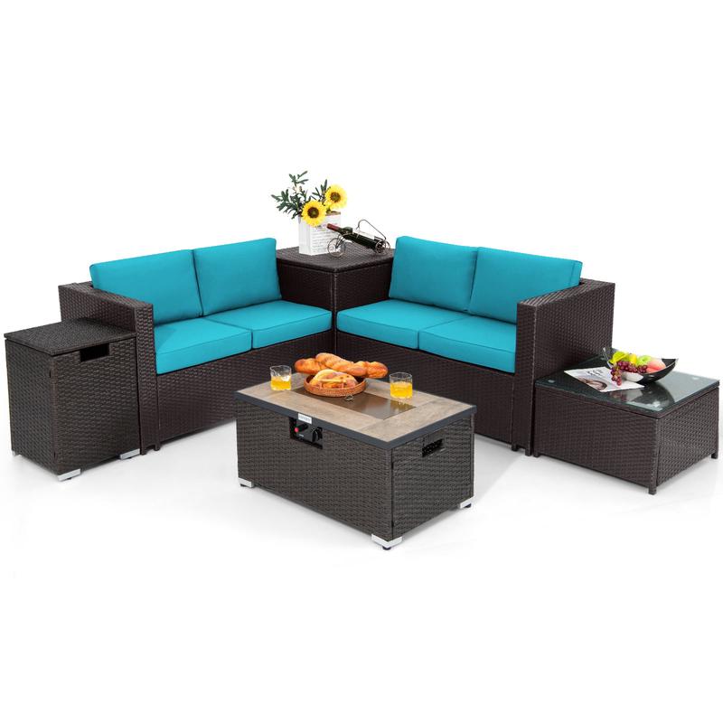 6 Piece Outdoor Wicker Furniture Set, 32 Inch Propane Fire Pit Table, Turquoise - Turquoise