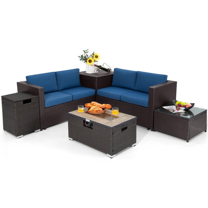 6 Piece Outdoor Wicker Furniture Set, 32 Inch Propane Fire Pit Table, Navy - Navy