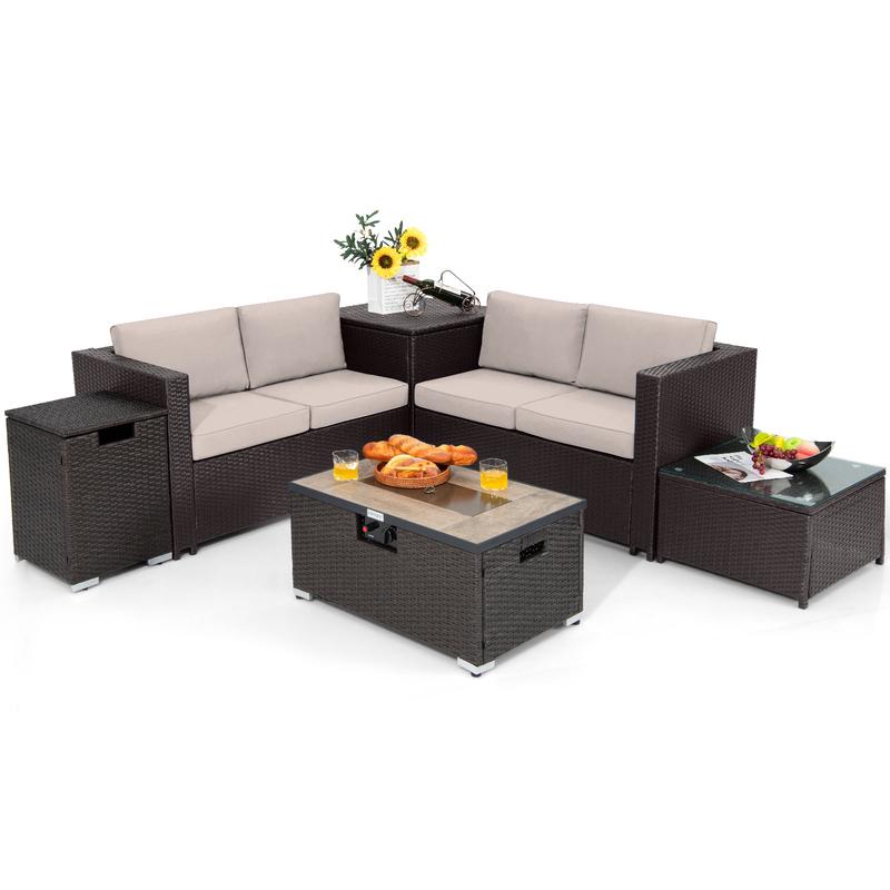 6 Piece Outdoor Wicker Furniture Set, 32 Inch Propane Fire Pit Table, Beige - Beige
