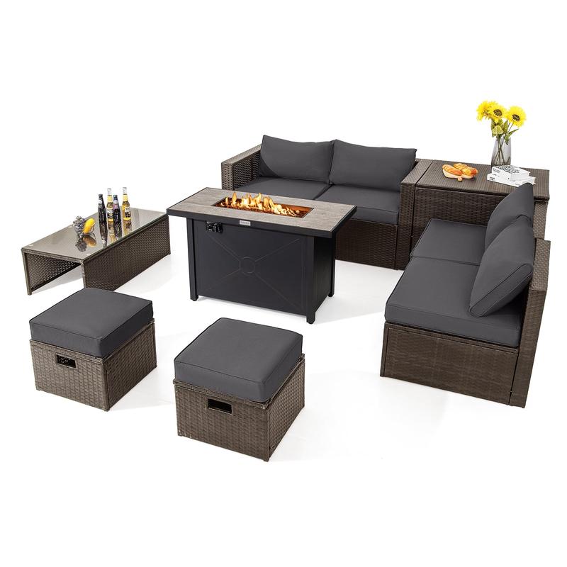 9 Piece Patio Furniture Set, 42 Inch Propane Fire Pit Table, Gray - Gray
