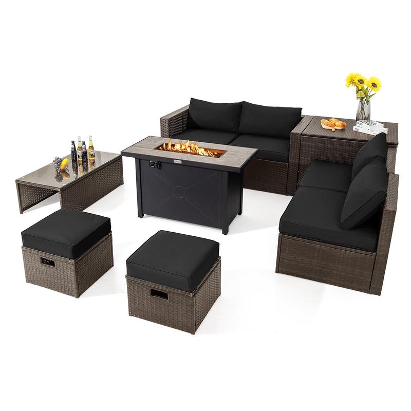 9 Piece Outdoor Patio Furniture Set, 42 Inch Propane Fire Pit Table, Black - Black