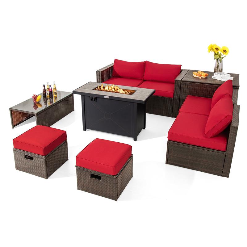 9 Piece Outdoor Patio Furniture Set, 42 Inch Propane Fire Pit Table, Red - Red