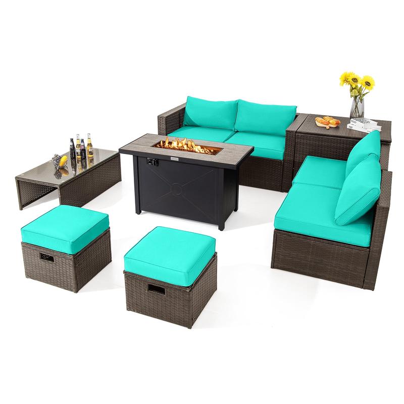 9 Piece Patio Furniture Set, 42 Inch Propane Fire Pit Table, Turquoise - Turquoise