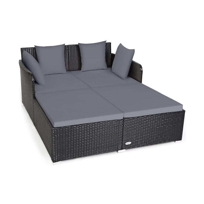 Outdoor Rattan Daybed With Upholstered Cushions, Gray - Gray