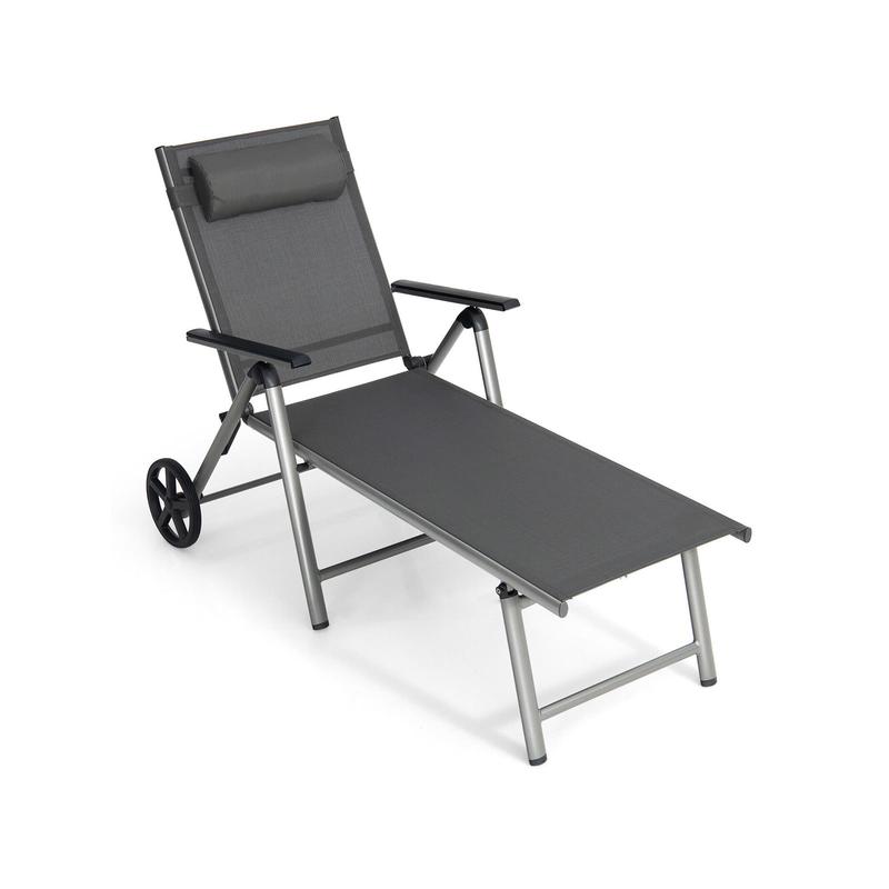 Adjustable Folding Chaise Lounge Chair With Wheels, Black - Black