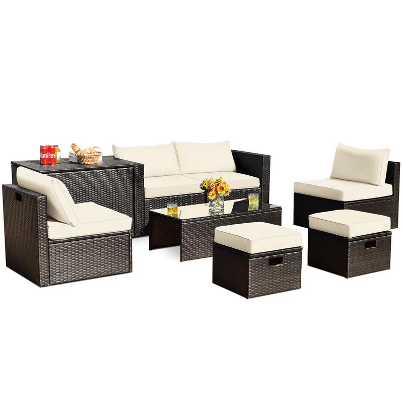8 Piece Patio Rattan Furniture Set, With Storage Box And Waterproof Cover, White - White