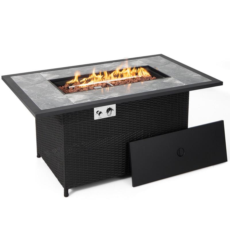 52 Inch Rattan Fire Pit Table With Rain Cover, Lava Rock, Black - Black