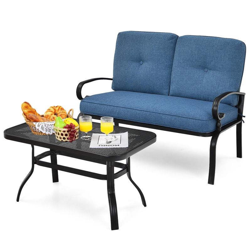 Patio Loveseat Bench Table Set, 2 Pieces, Blue - Blue