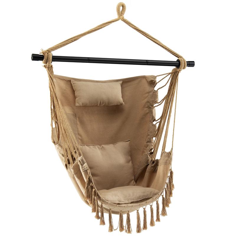 Hanging Rope Swing Chair With Soft Pillow, Beige - Beige