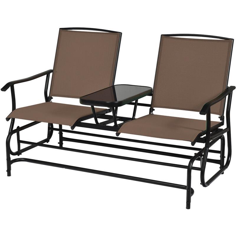 2-Person Rocking Loveseat, Mesh Fabric, Tempered Glass Table, Brown - Brown