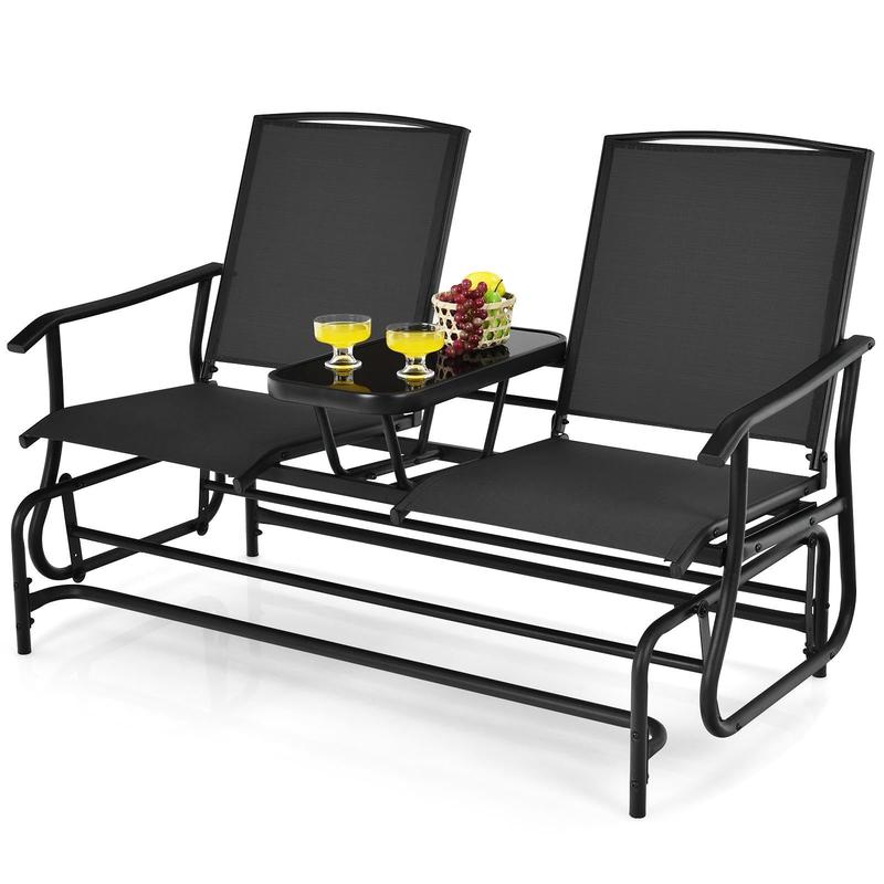 2-Person Rocking Loveseat, Mesh Fabric, Tempered Glass Table, Black - Black