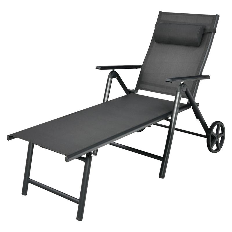 Patio Lounge Chair, Adjustable Aluminum Frame, Wheels, Neck Pillow, Gray - Gray