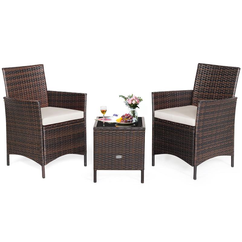 3 Pc Rattan Patio Furniture Set, Cushioned Sofa, Glass Tabletop, White - White