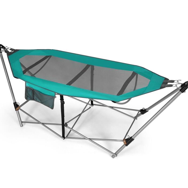 Folding Hammock With Side Pocket, Iron Stand, Turquoise - Turquoise