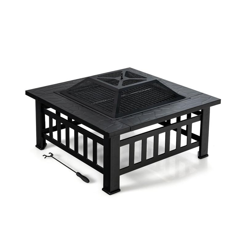 32 Inch 3 In 1 Outdoor Square Fire Pit Table With BBQ Grill, Rain Cover, Black - Black