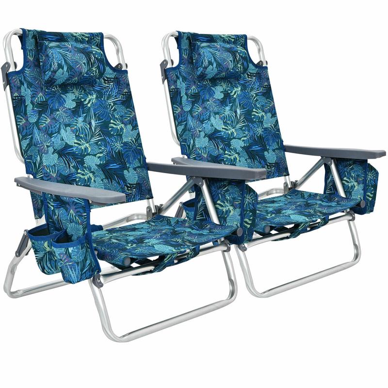 2-Pack Folding Backpack Beach Chair, 5-Position Reclining, Navy - Navy
