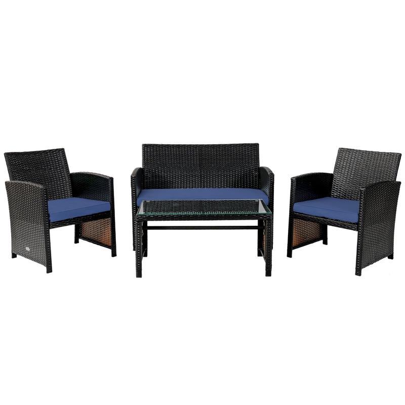4Pcs Patio Rattan Cushioned Furniture Set, Navy - Navy