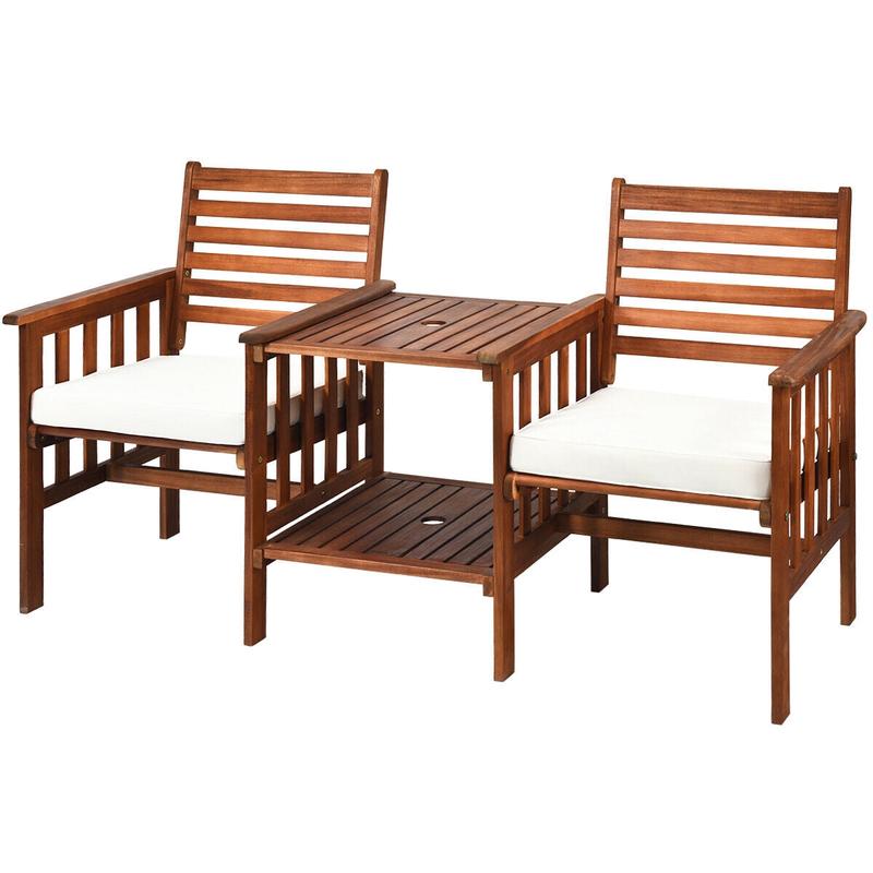3 Pcs Patio Table Chairs Set, Acacia Wood Loveseat, White - White